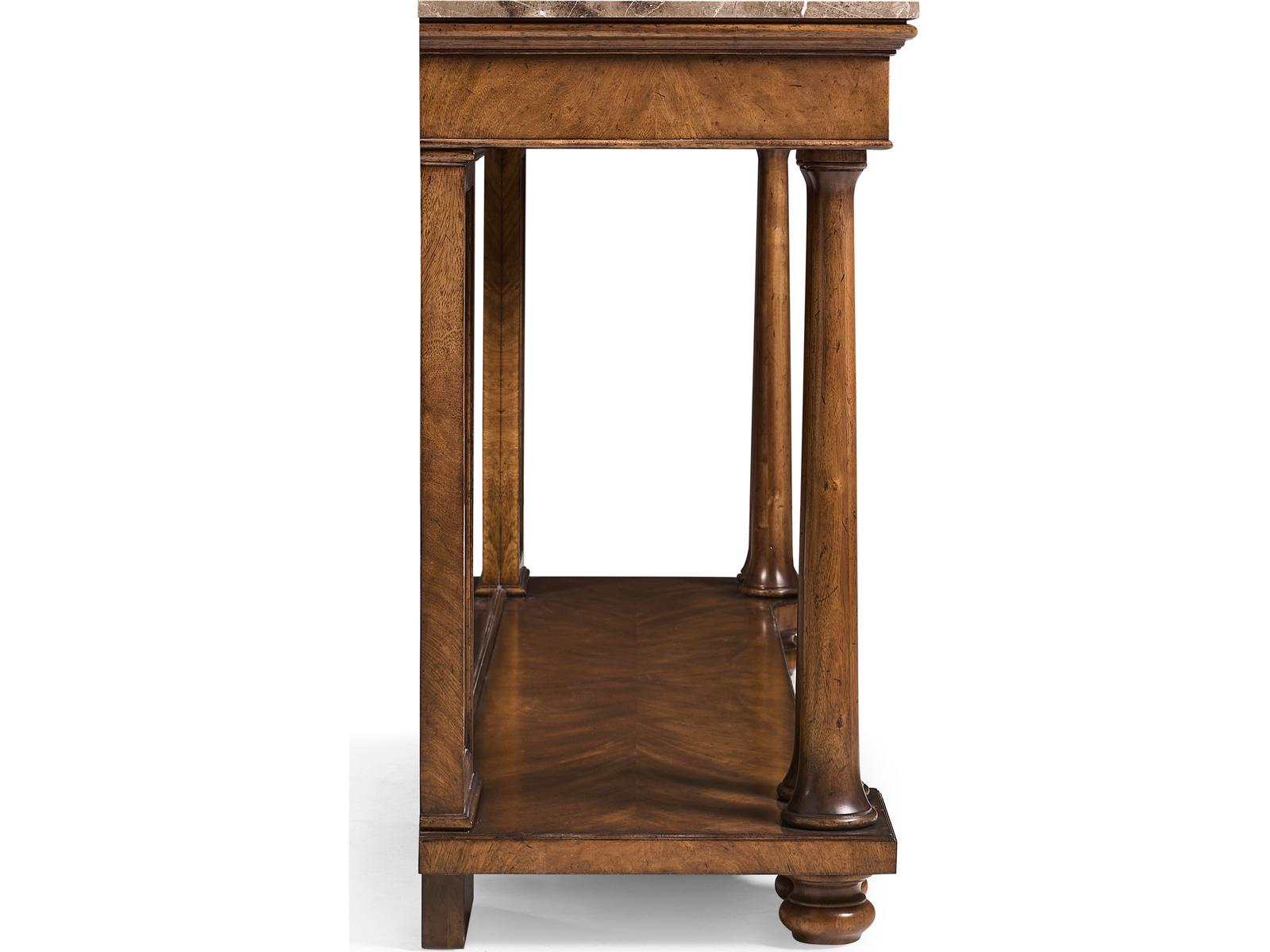 Jc Traditional Rectangular Marble Crotch Walnut Console Table