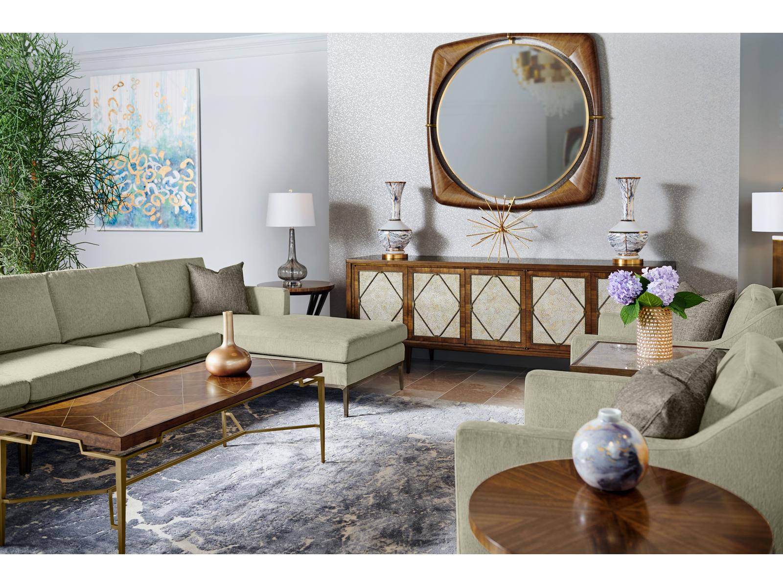 Toulouse Rectangular Wood Walnut Coffee Table with Brass Inlays