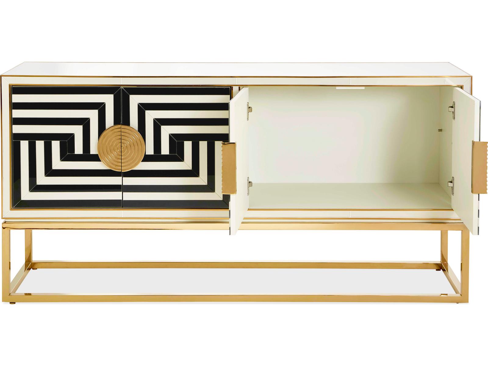 Op Art 64-Inch Credenza in Charcoal and Ivory with Polished Brass