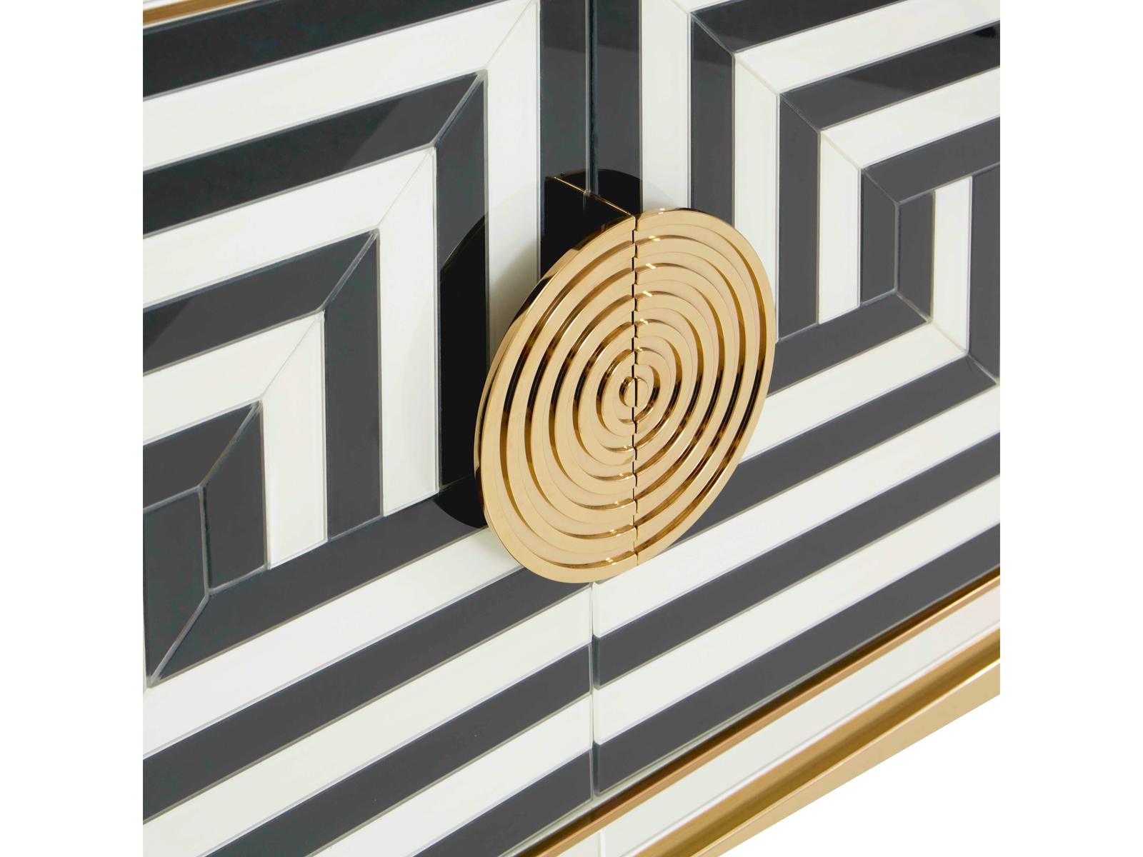 Op Art 64-Inch Credenza in Charcoal and Ivory with Polished Brass