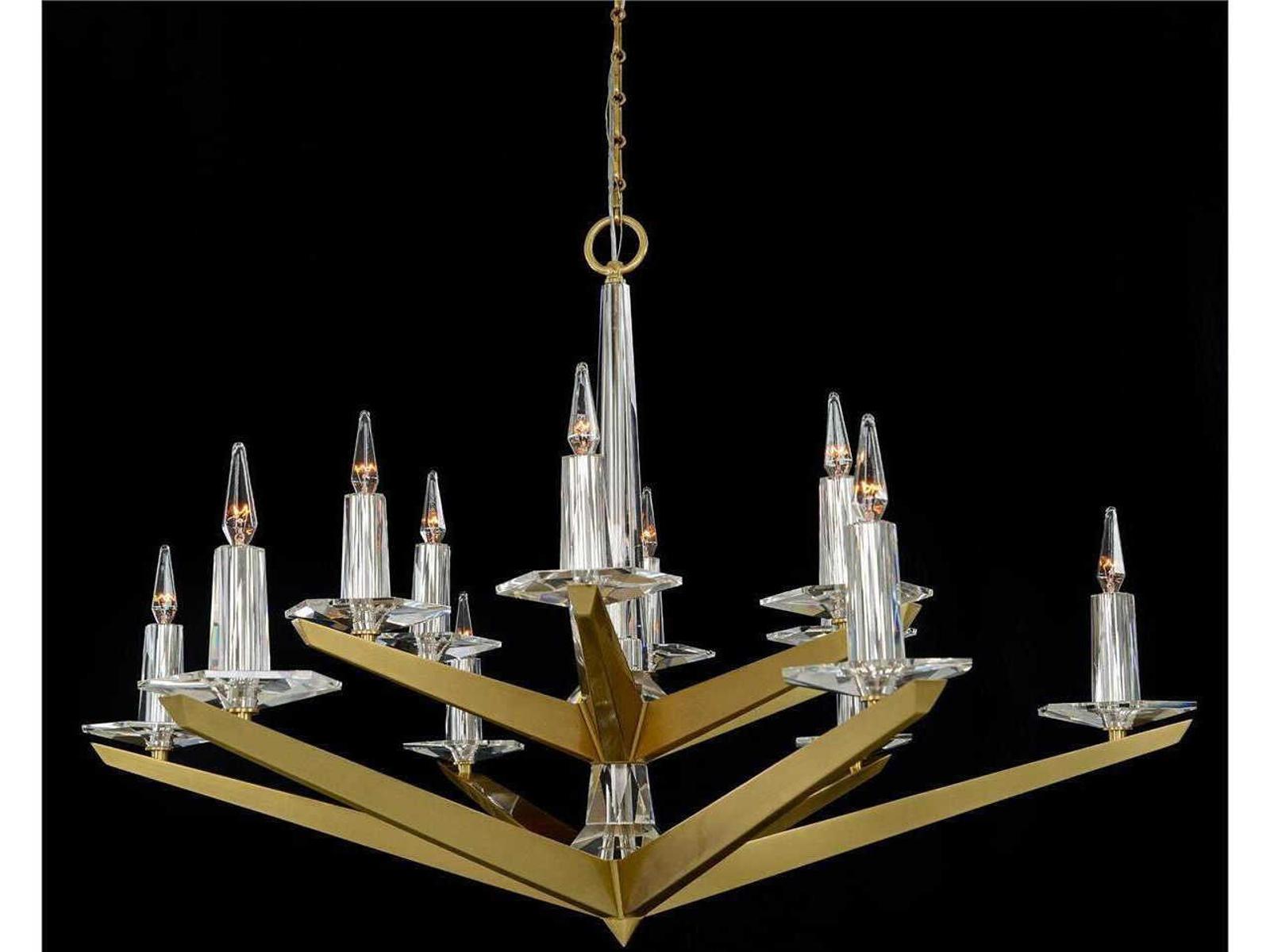 John Richard Antares 12-Light Art Deco Chandelier in Brushed Brass with Crystal