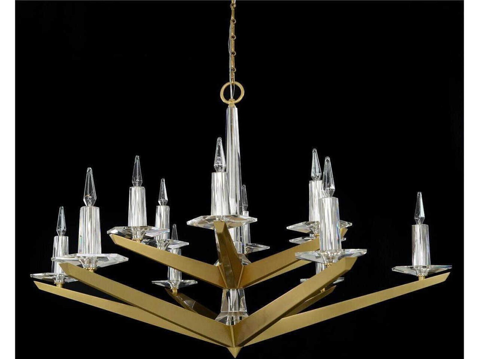 John Richard Antares 12-Light Art Deco Chandelier in Brushed Brass with Crystal