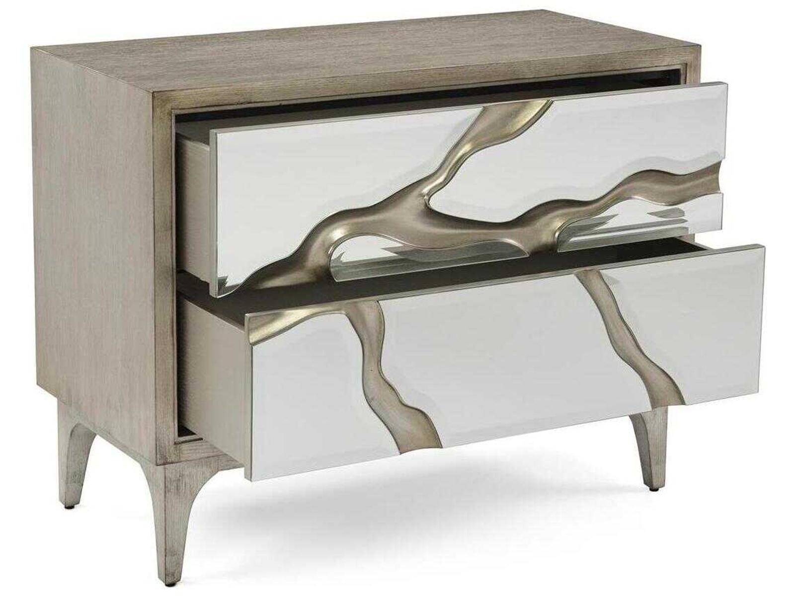 Revne Two-Drawer Nightstand with Mirror Fronts and Silver Leafed Oak Base