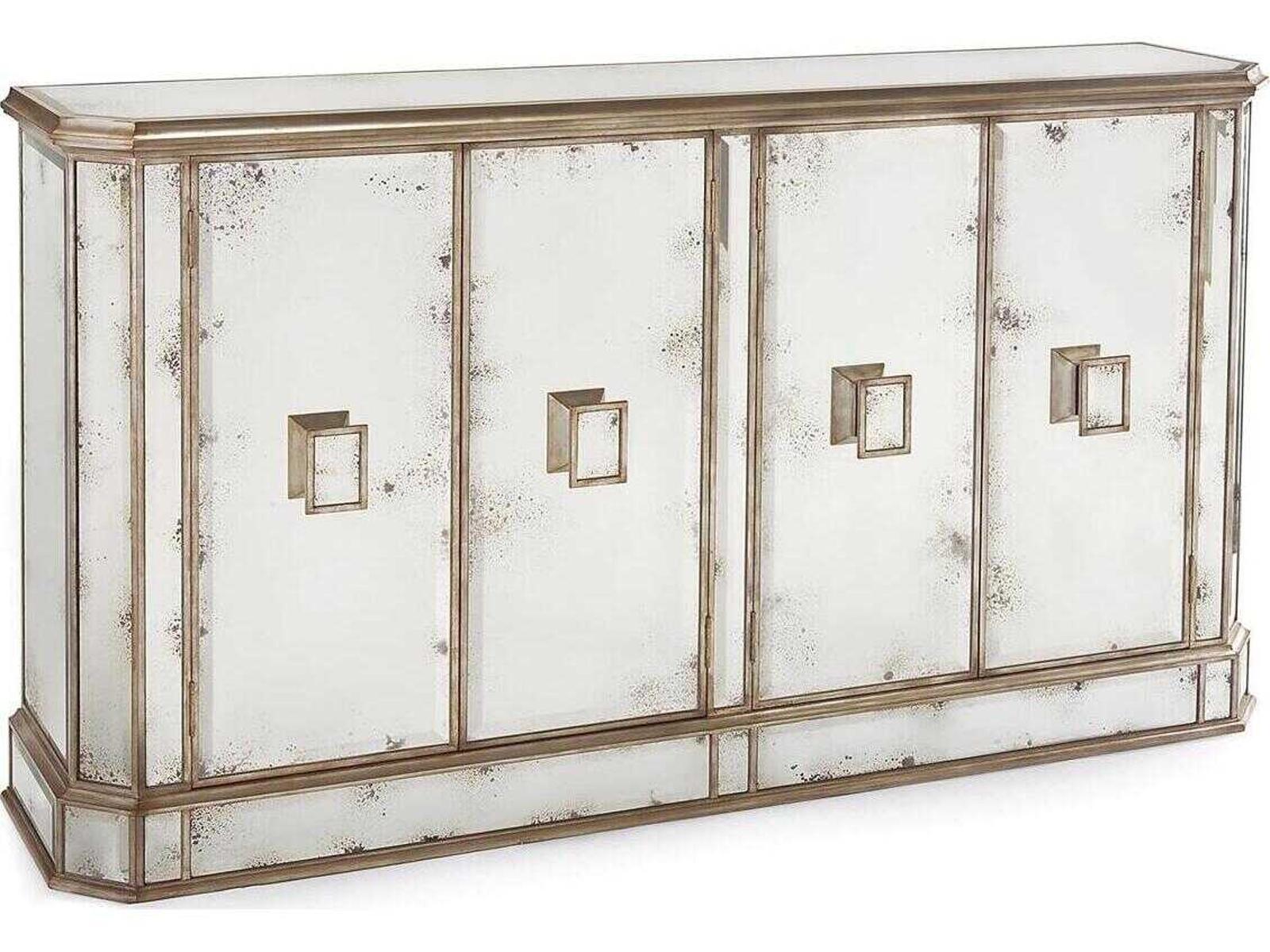 Juno Four-Door Credenza with Foxed Mirror Panels and Parisian Silver Finish