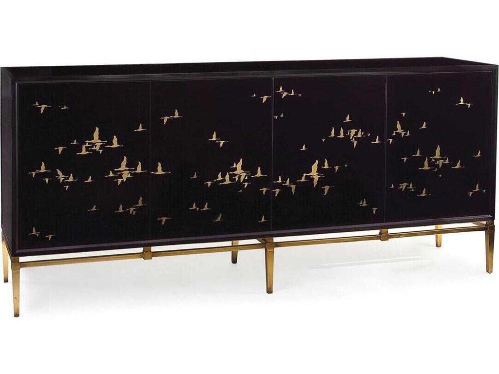 Migration Four-Door Credenza Black Glass with Old Gold Frame