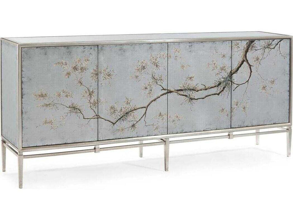 Falling Branch 4-Door ?glomisé Credenza with Hand-Painted Branches