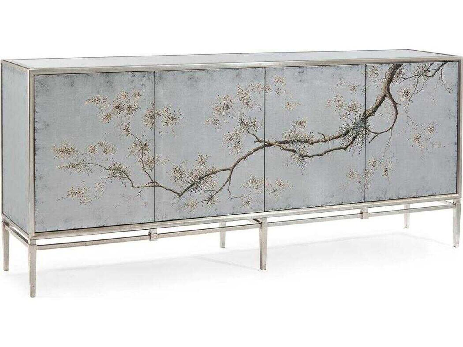 Falling Branch 4-Door ?glomisé Credenza with Hand-Painted Branches