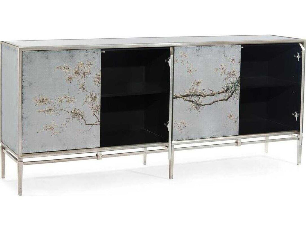 Falling Branch 4-Door ?glomisé Credenza with Hand-Painted Branches
