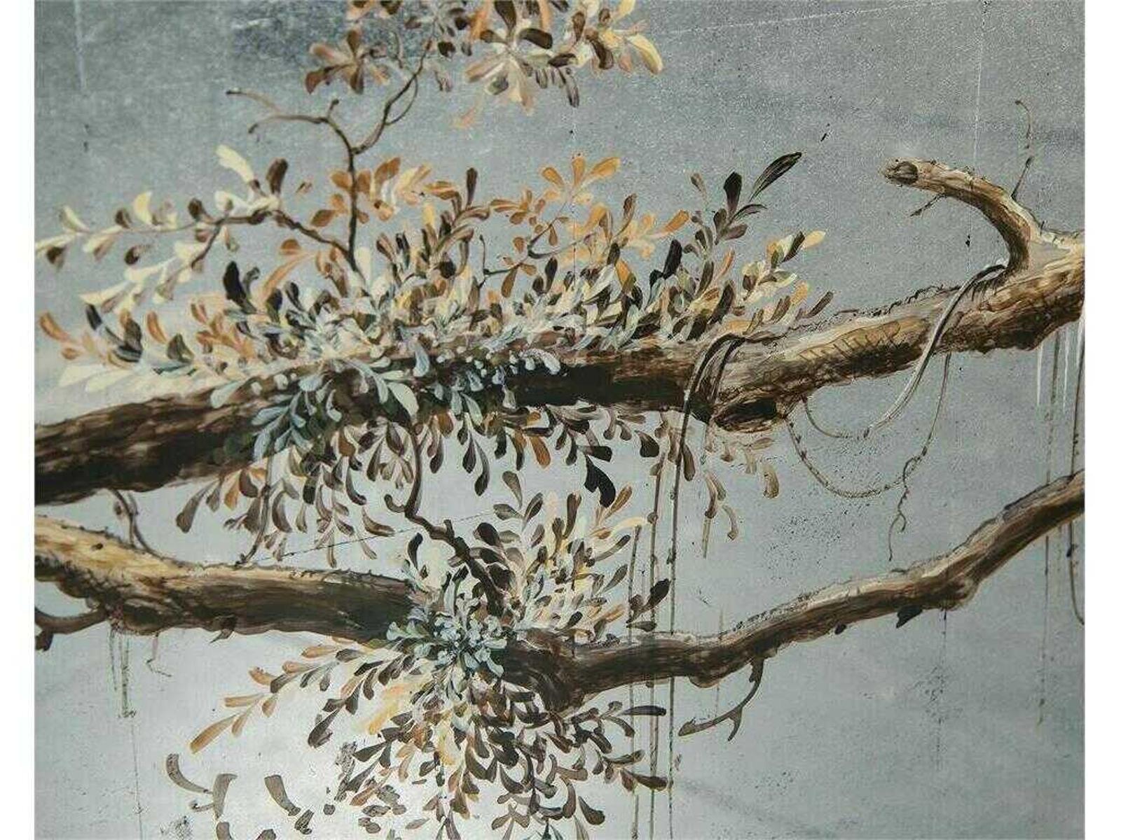 Falling Branch 4-Door ?glomisé Credenza with Hand-Painted Branches