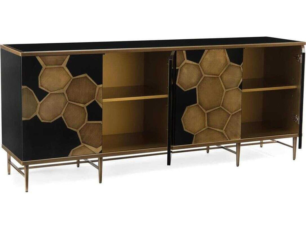 Honeycomb Black Glass Credenza with Gold Framing