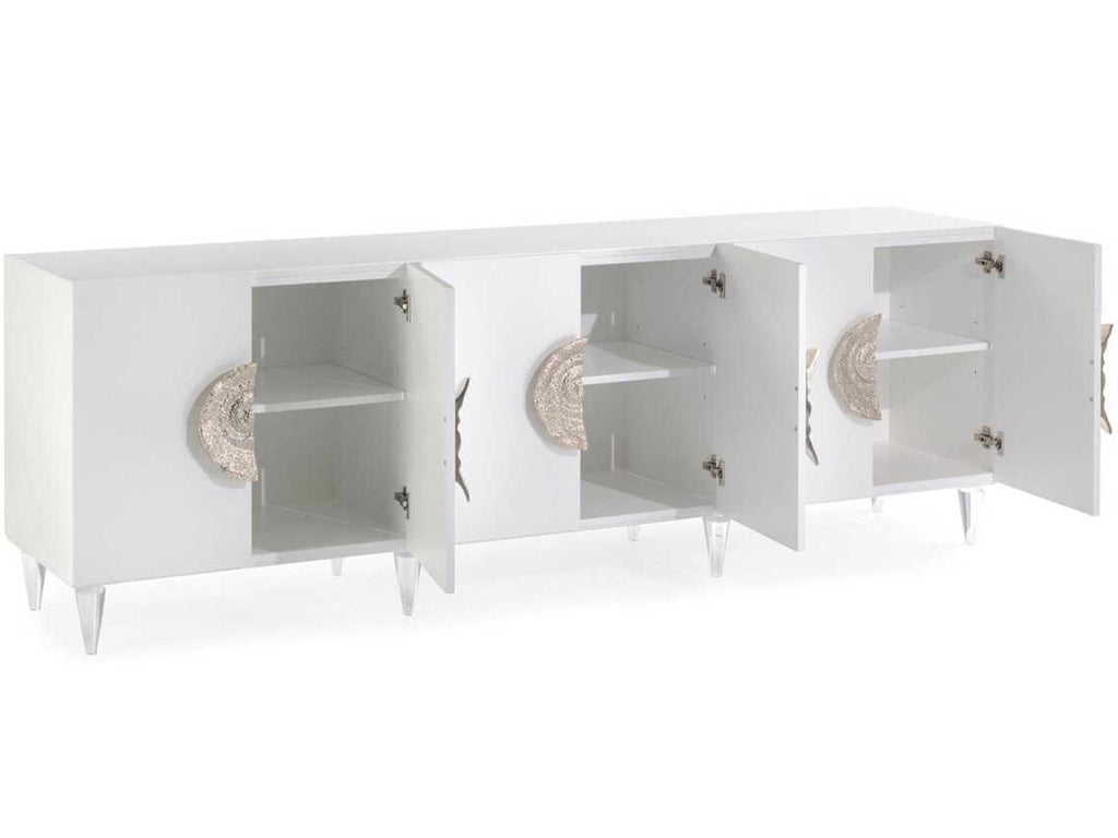 Triesse 6-Door Credenza Ice White with Turned Acrylic Legs and Silvered Handles