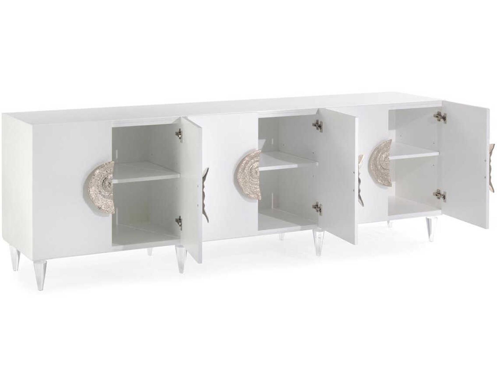 Triesse 6-Door Credenza Ice White with Turned Acrylic Legs and Silvered Handles