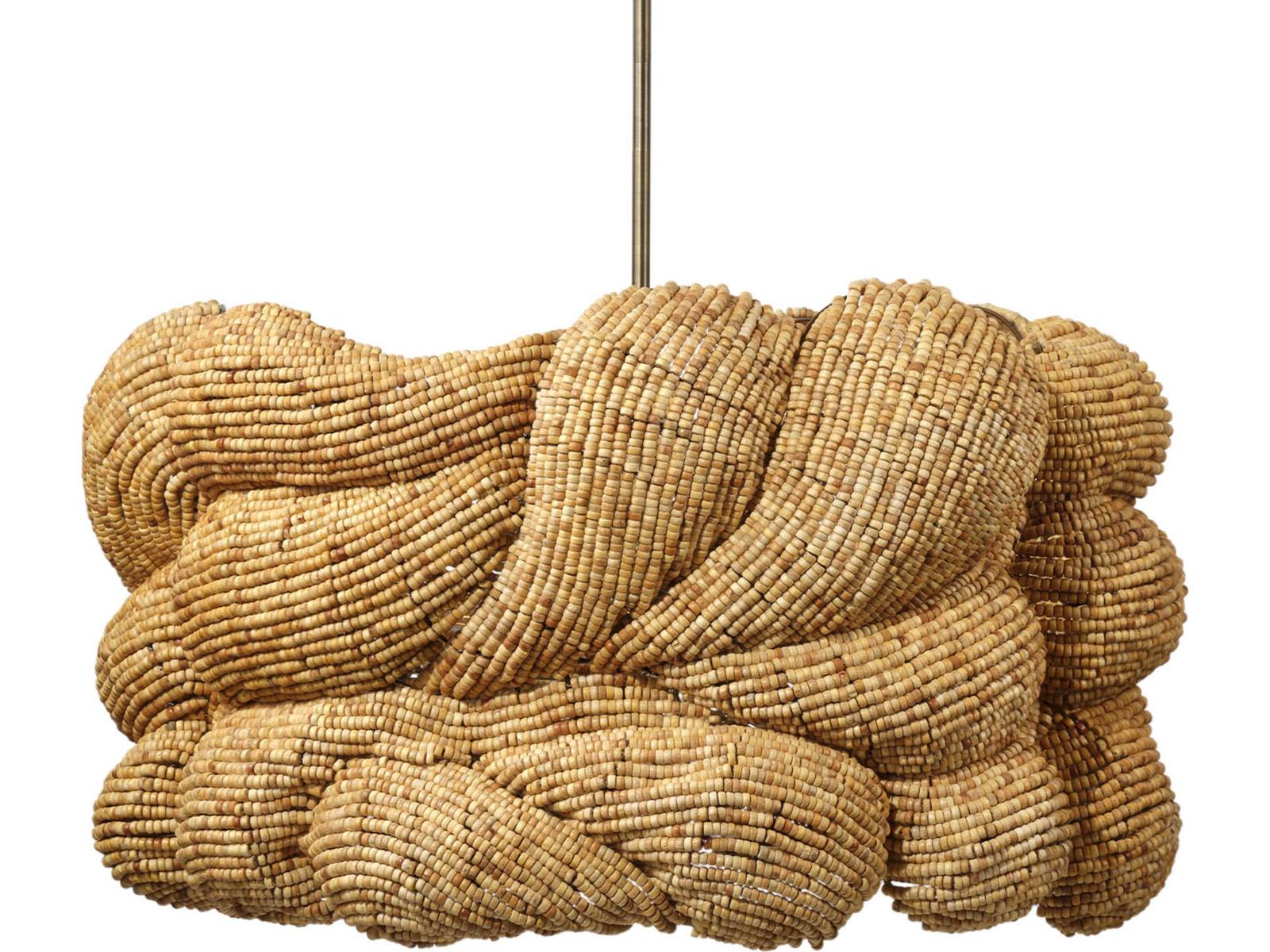 Jamie Young 6-Light Anguilla Chandelier Natural Wood Beads Antique Brass