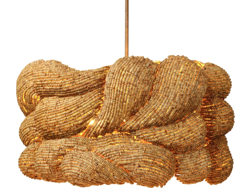 Jamie Young 6-Light Anguilla Chandelier Natural Wood Beads Antique Brass