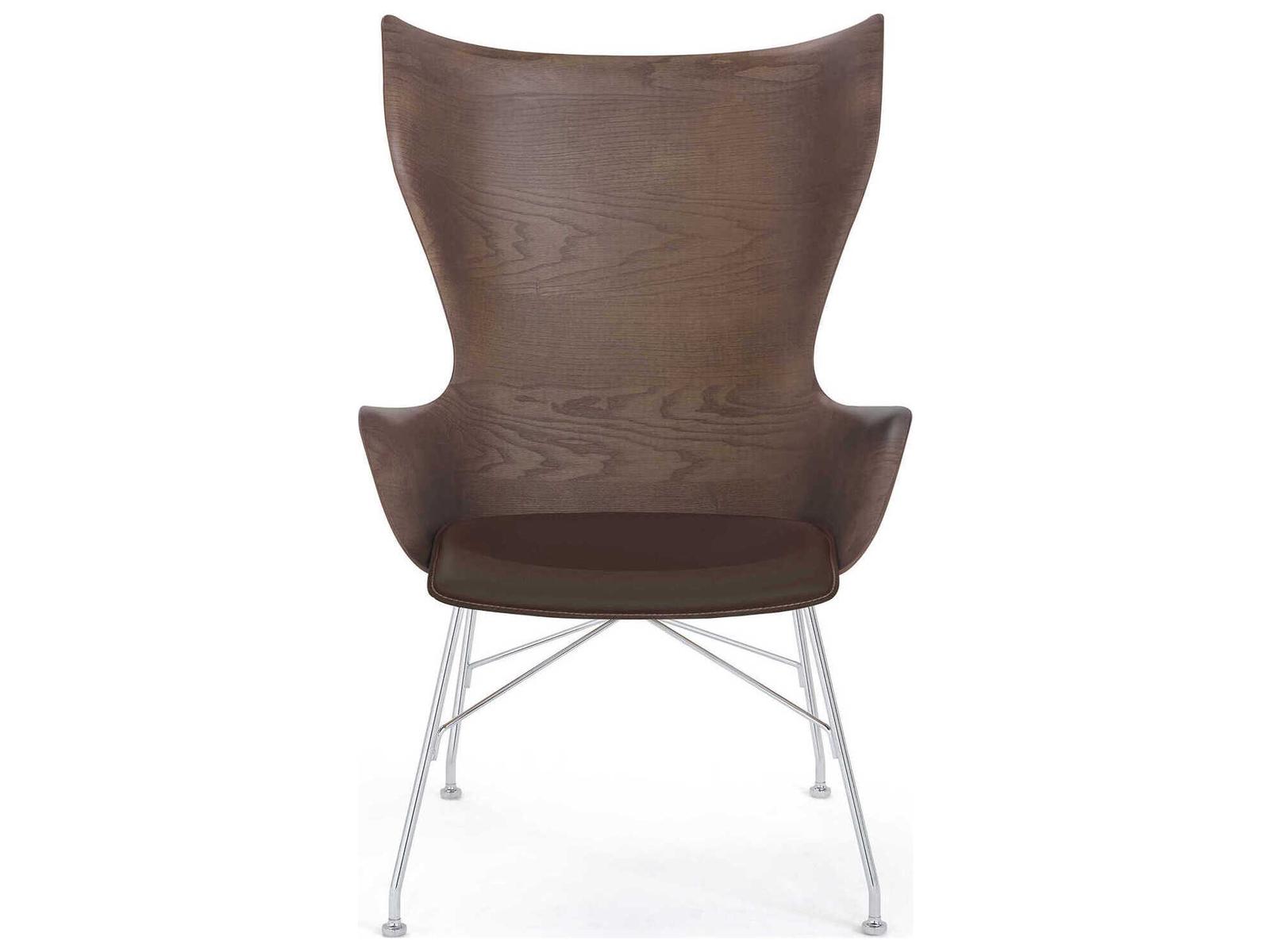 K Wood Accent Chair 3D Curved Dark Slatted Ash Wood and Leather with Chrome Frame