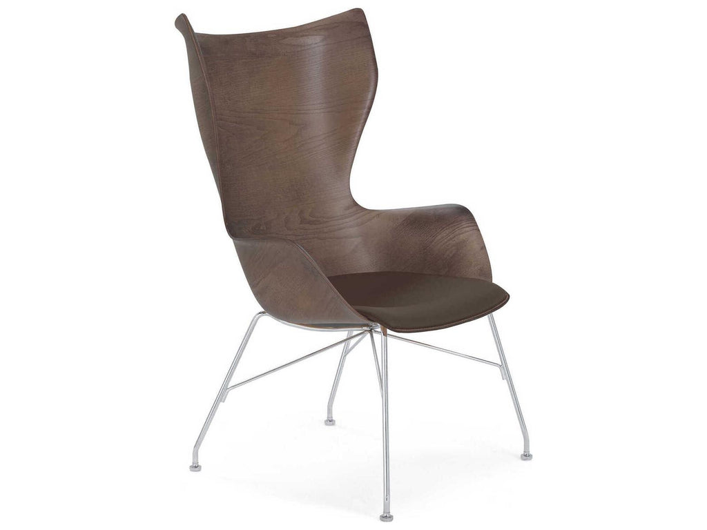 K Wood Accent Chair 3D Curved Dark Slatted Ash Wood and Leather with Chrome Frame