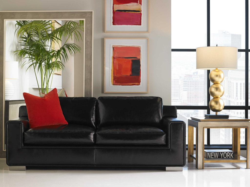 Hinson 2-Seat Black Leather Sofa with Clear Lacquer Metal Legs