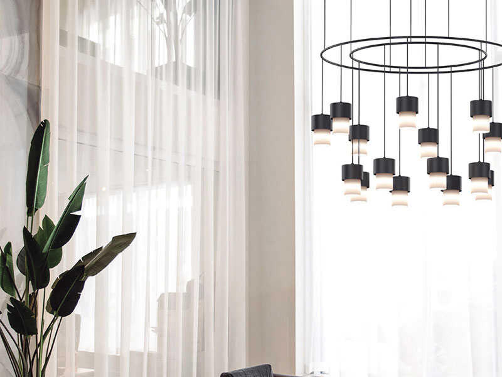 Luxcambra Kan 8-Light Modern Chandelier in Textured Black with Cotonet Shades