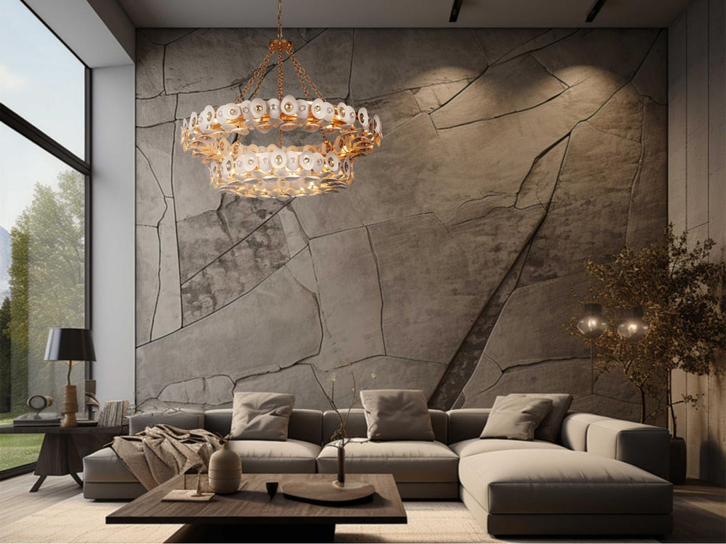 Metropolitan Niu 22-Light Tiered Chandelier in Coconut Shell Gold and White
