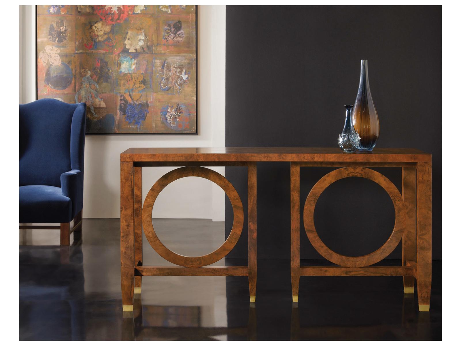 Moab Rectangular Wood Console Table with Walnut Burl and Brass Accents