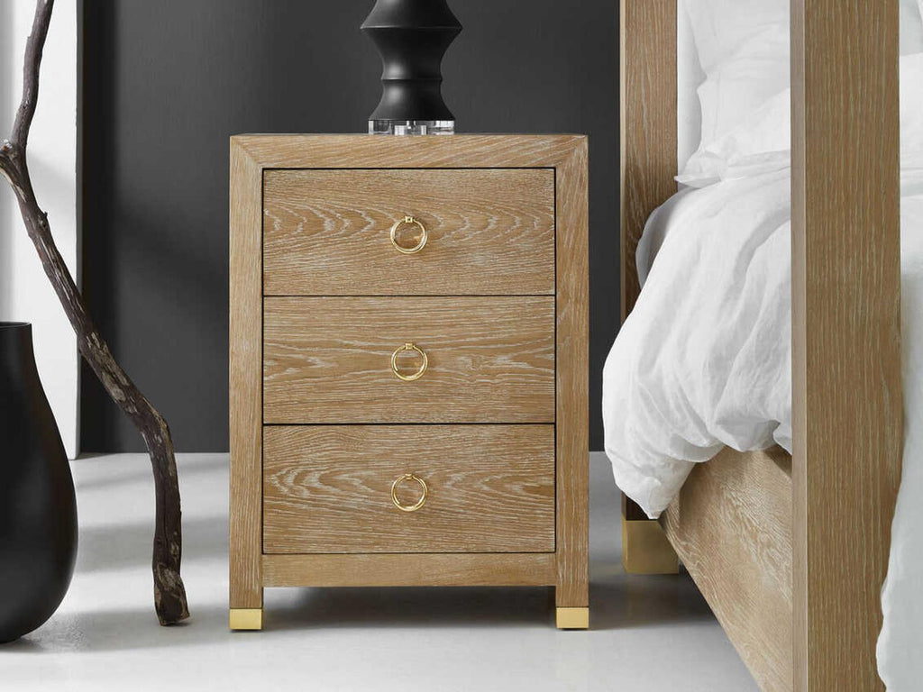 Ventura 3-Drawers Beige Oak Wood Nightstand with Brass Accents