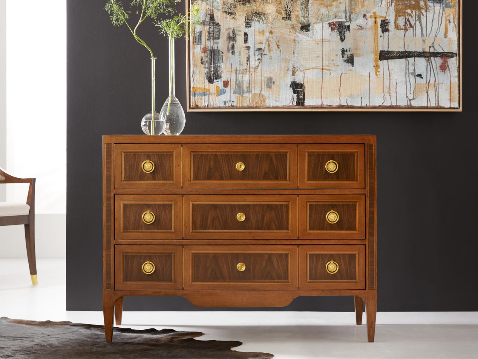 Chambery 3-Drawer Walnut Wood Dresser with Brass Hardware