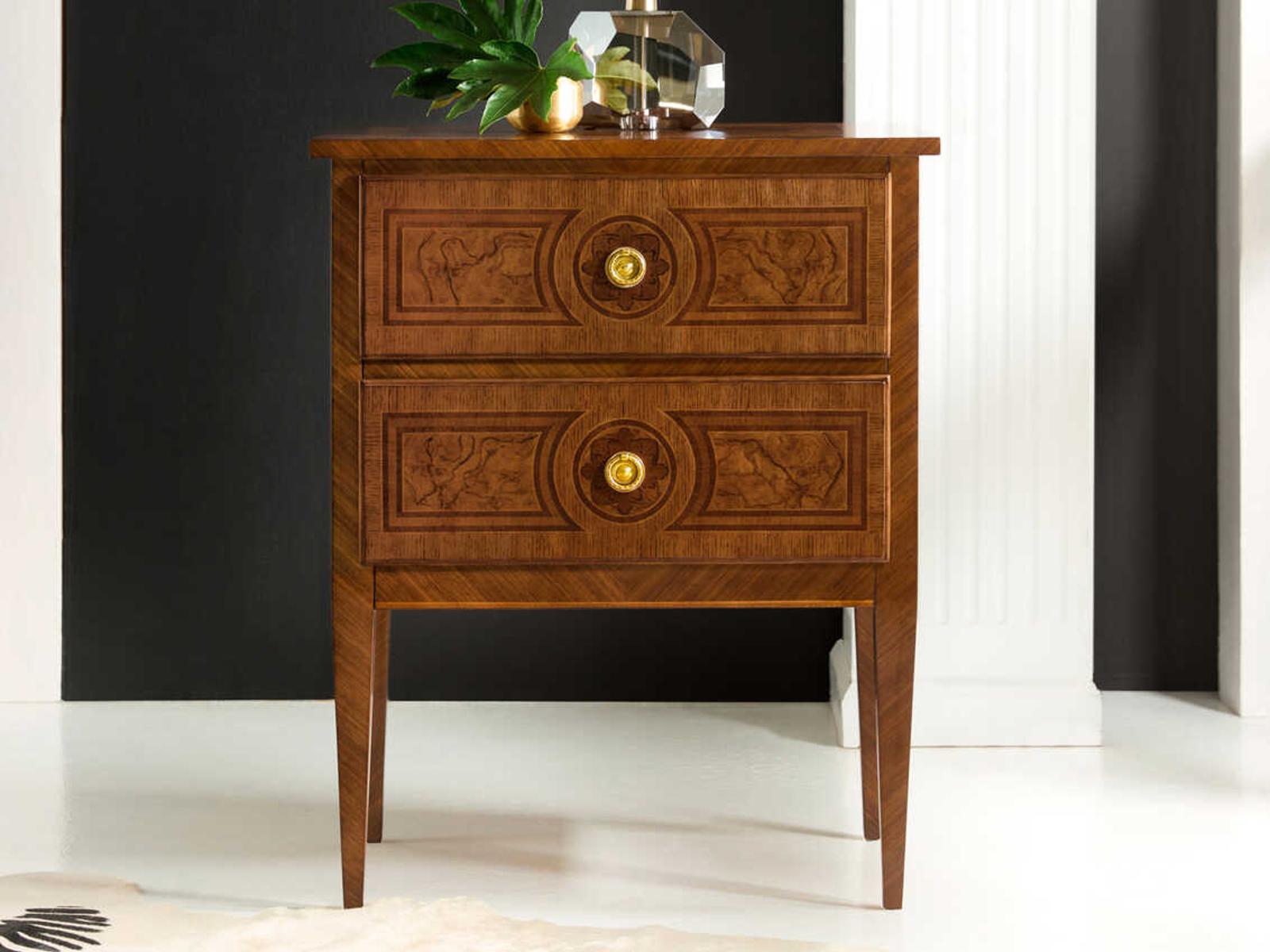Bezier 2-Drawer Nightstand in Brown Burlwood with Brass