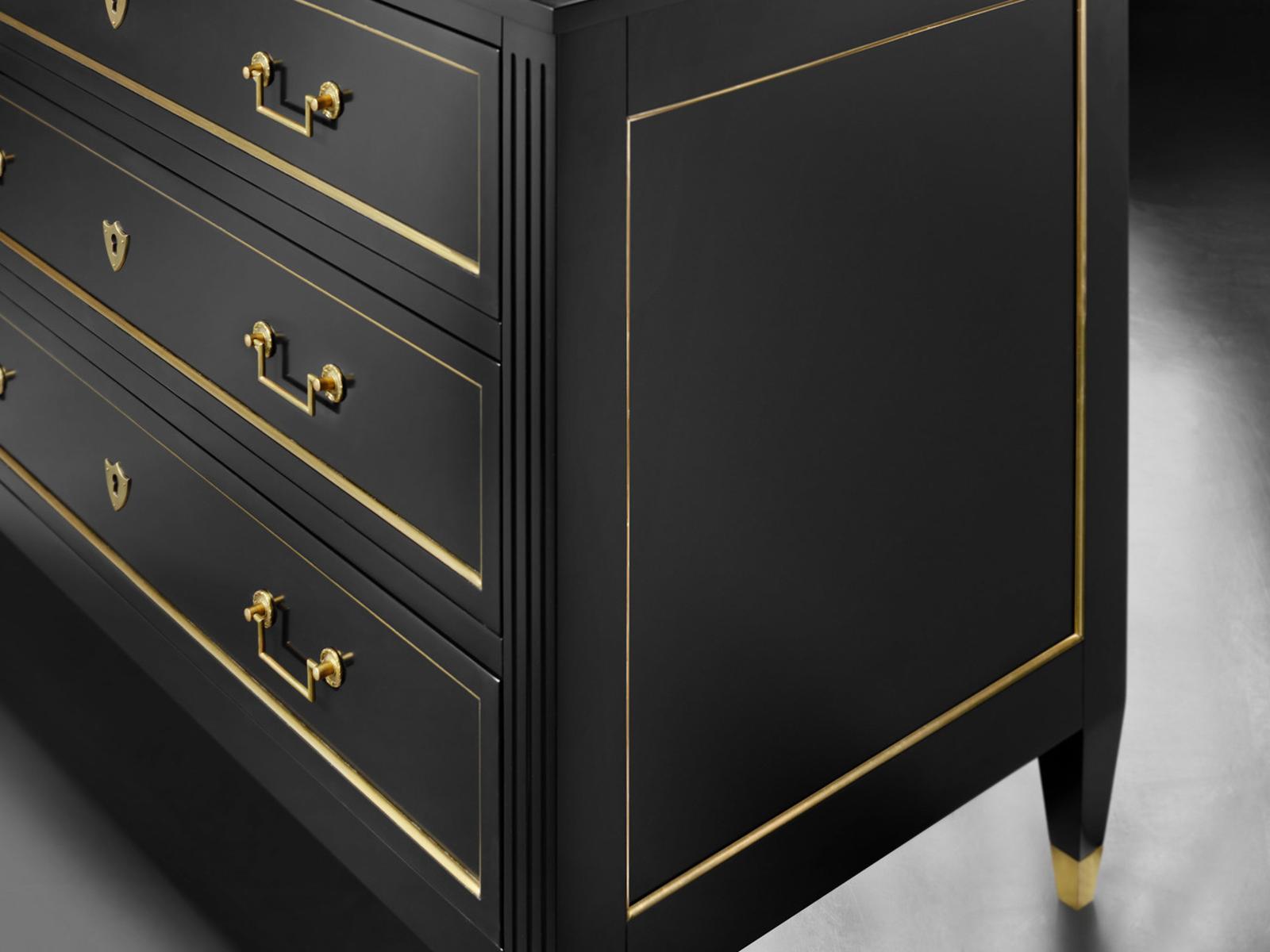 French 3-Drawers Black Dresser with Antique Brass Hardware