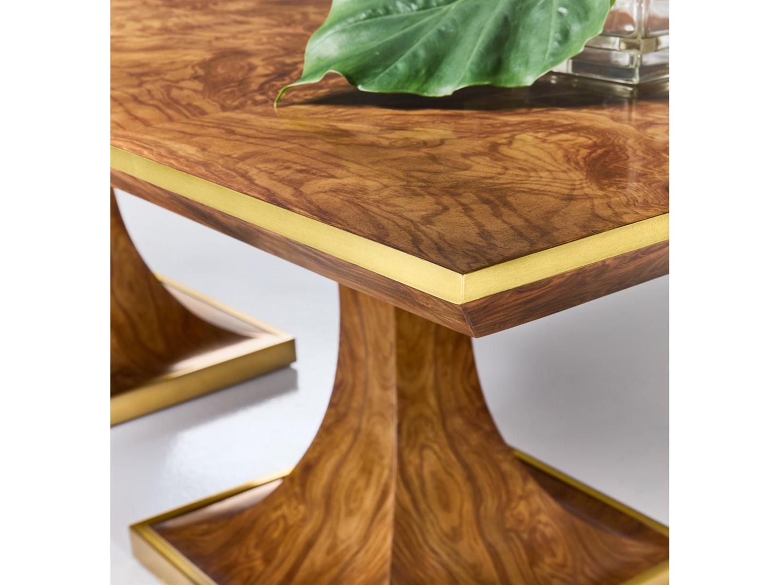 Burl Oak Rectangular Dining Table with Gold Leaf Accents and Brass Base