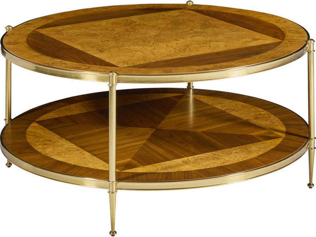 Oak Burl & Walnut Round Wood Coffee Table with PVD Brass Frame