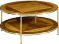 Oak Burl & Walnut Round Wood Coffee Table with PVD Brass Frame