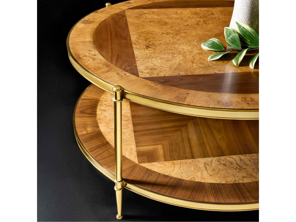 Oak Burl & Walnut Round Wood Coffee Table with PVD Brass Frame