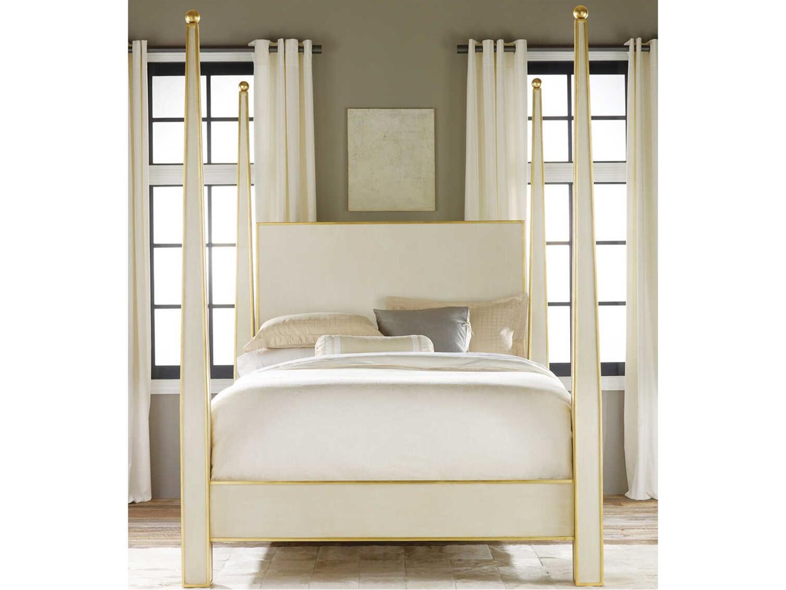 Abstract King Poster Bed Painted White Wood with Gold Leaf