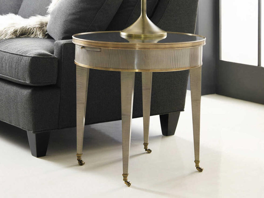 Tuxedo Round End Table in Grey Sycamore with Mirrored Top