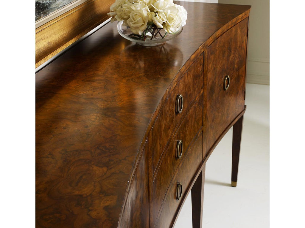 Concave 80-Inch Sideboard with Walnut Burl Veneer and Brass Hardware