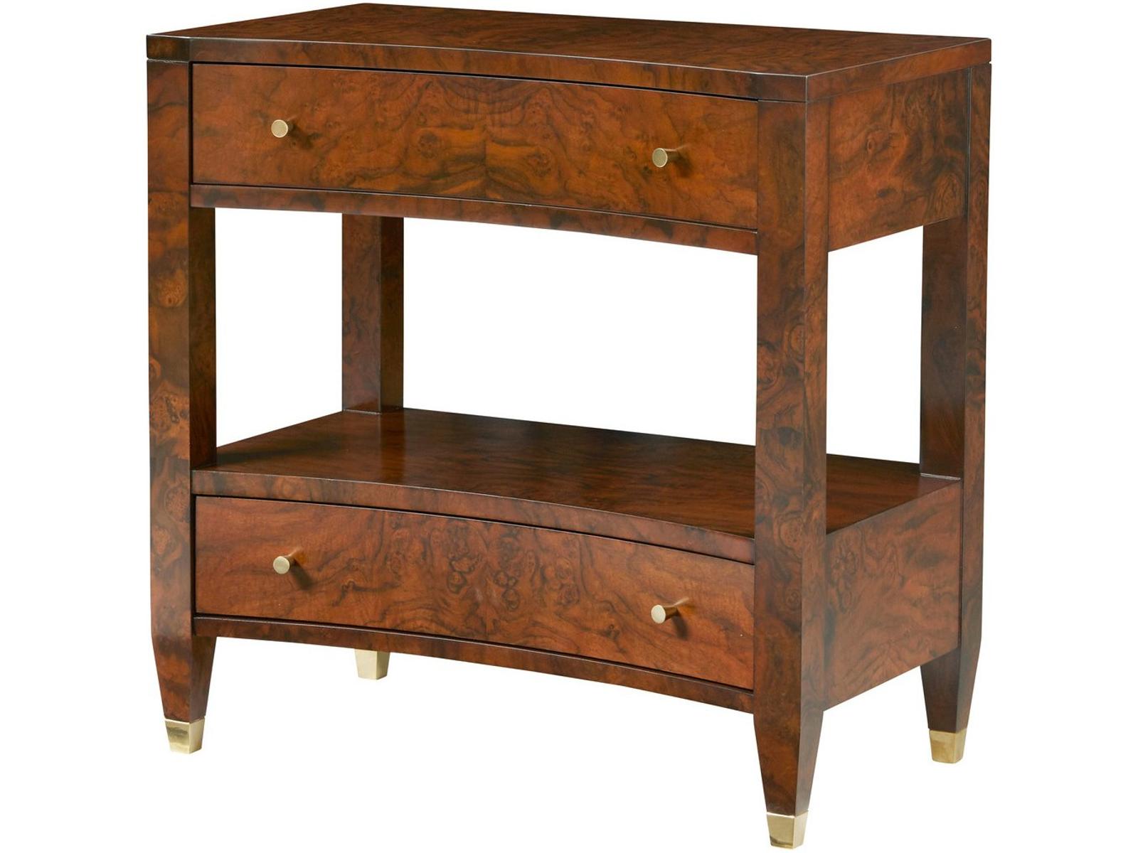 Concave 2-Drawer Nightstand in Walnut Burl with Polished Brass Knobs