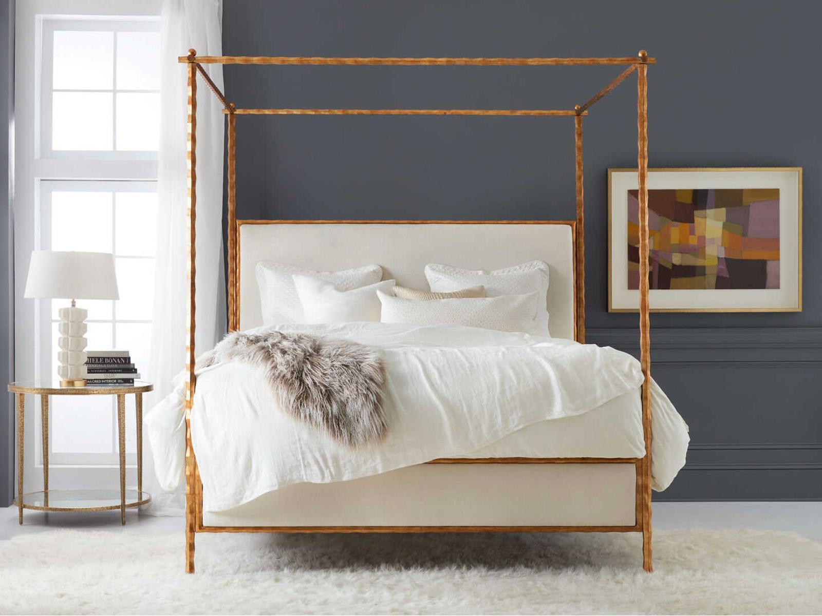 Organic Antiqued Gold Leaf Upholstered King Canopy Bed