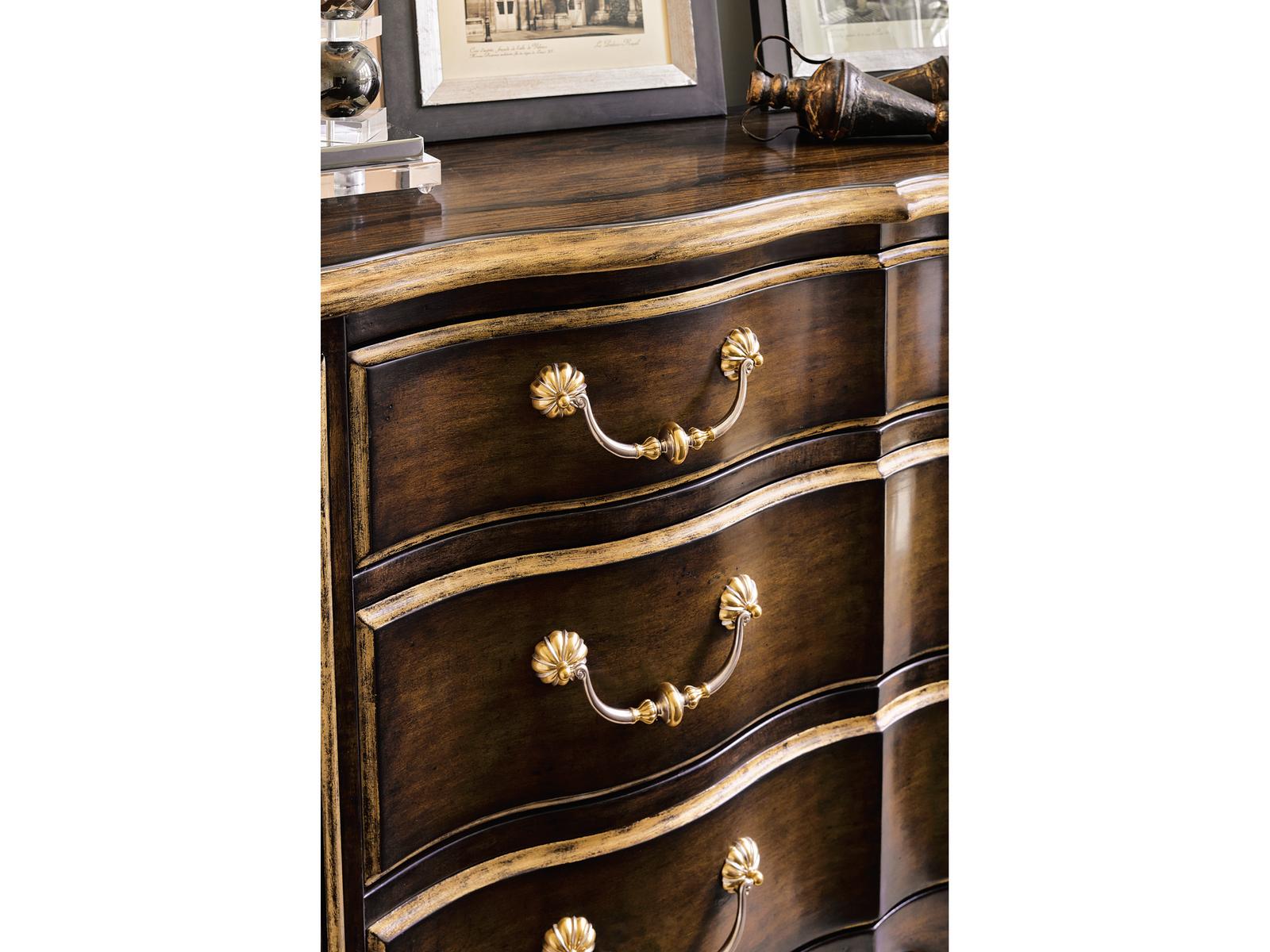 Aria 3-Drawer Mahogany Wood Dresser with Aged Gold Trim