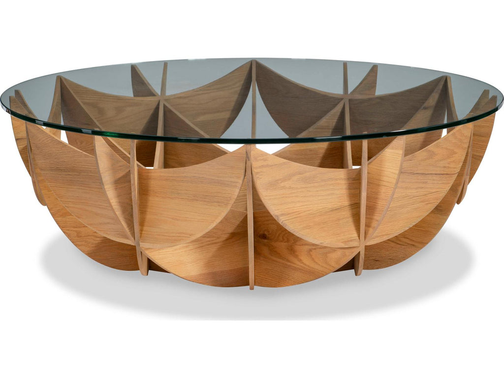 Oak Honeycomb Round Glass Coffee Table