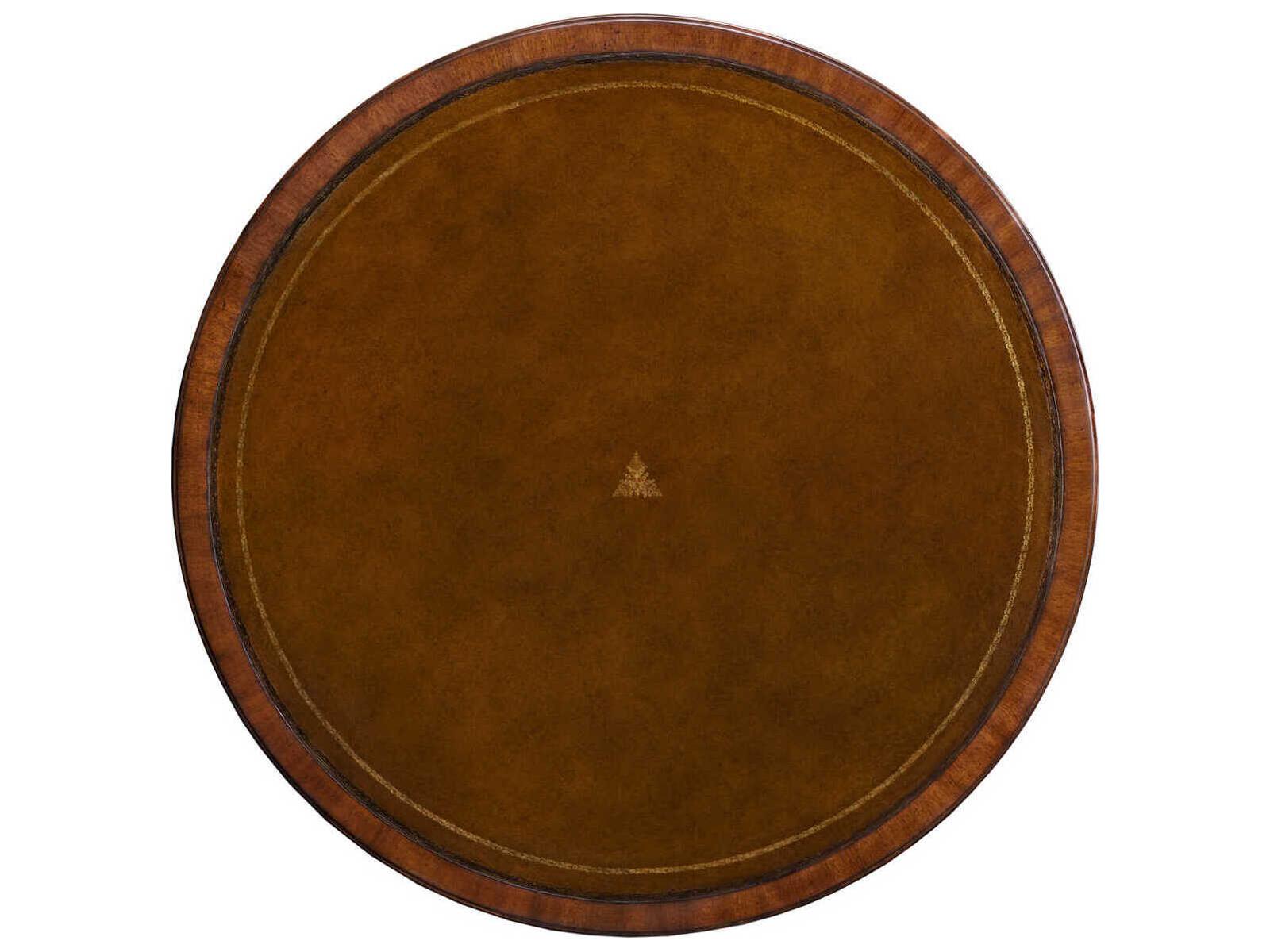 Maitland-Smith Flank Round End Table in Crotch Mahogany Leather and Brass