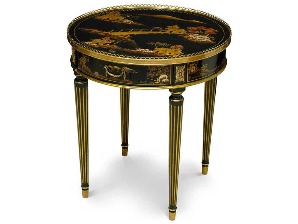 Silk Round Chinoiserie End Table Black Lacquer with Brass Accents