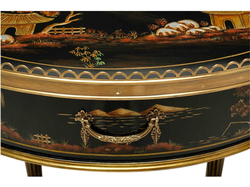 Silk Round Chinoiserie End Table Black Lacquer with Brass Accents