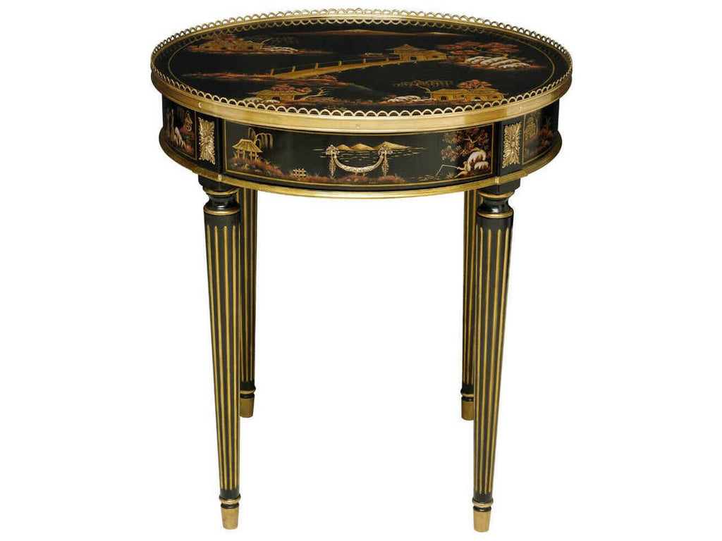 Silk Round Chinoiserie End Table Black Lacquer with Brass Accents