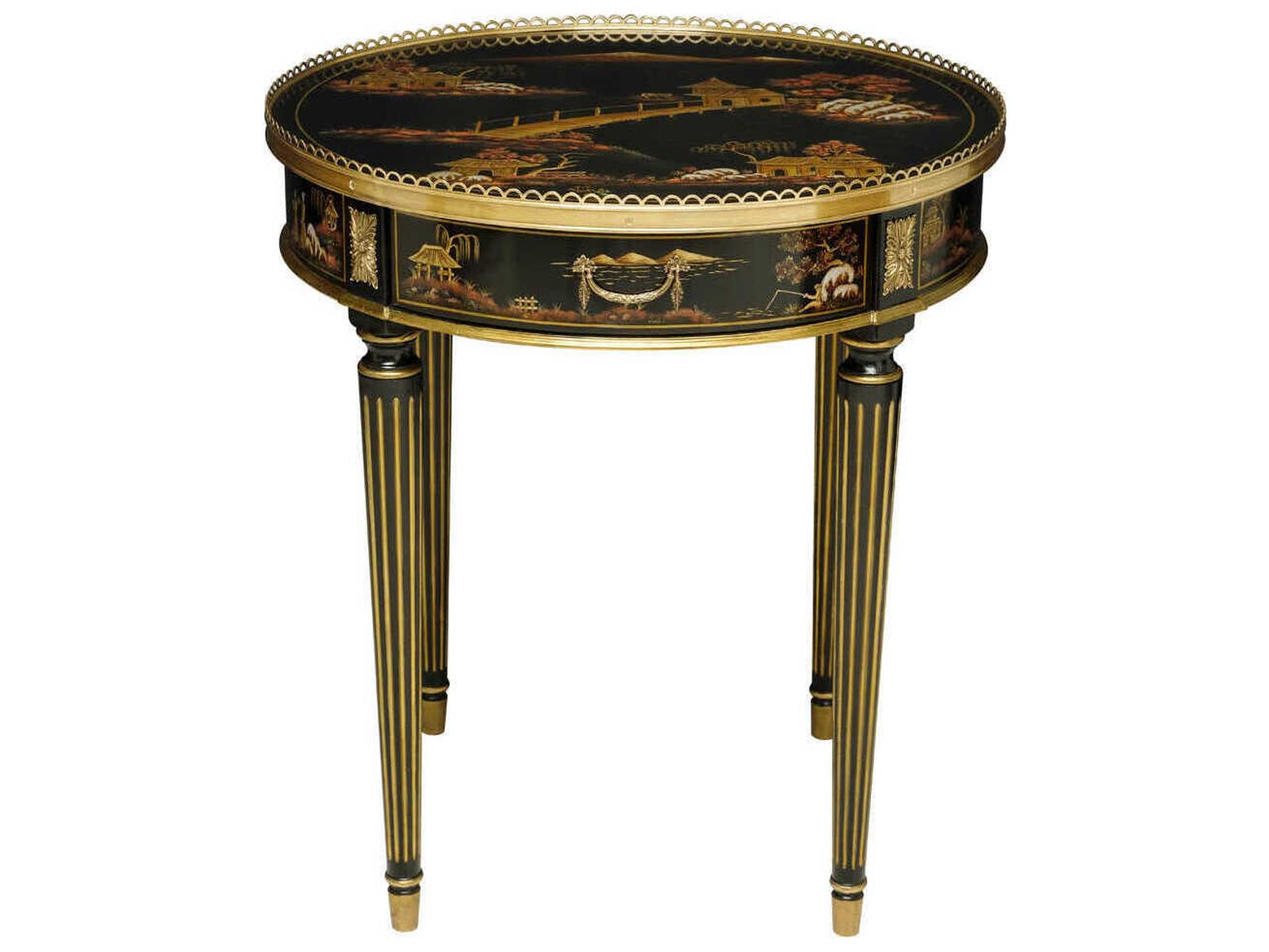 Silk Round Chinoiserie End Table Black Lacquer with Brass Accents