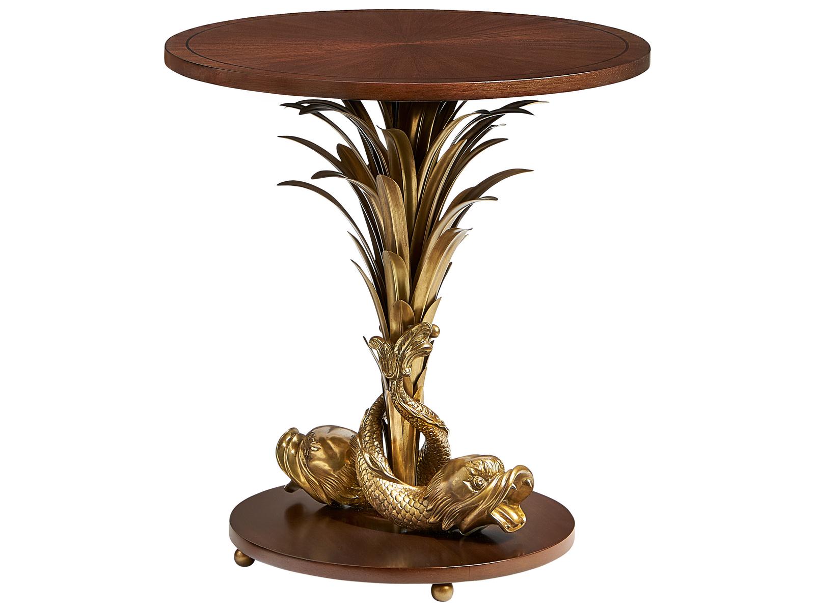 Octavia Round Side Table with Marquetry Inlay and Brass Base