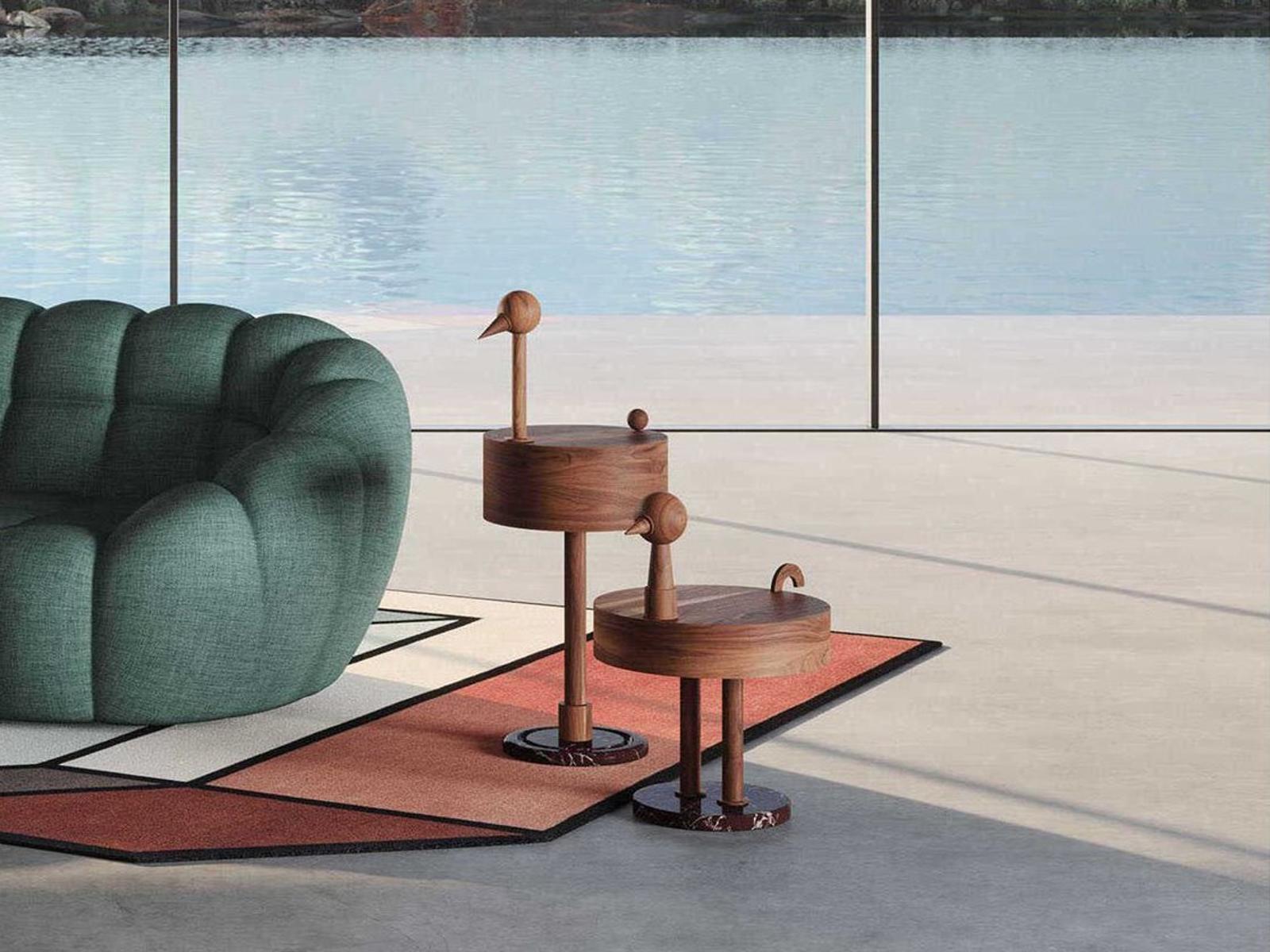 Rara Avis Round End Table in Walnut with Rosso Levanto Marble Base