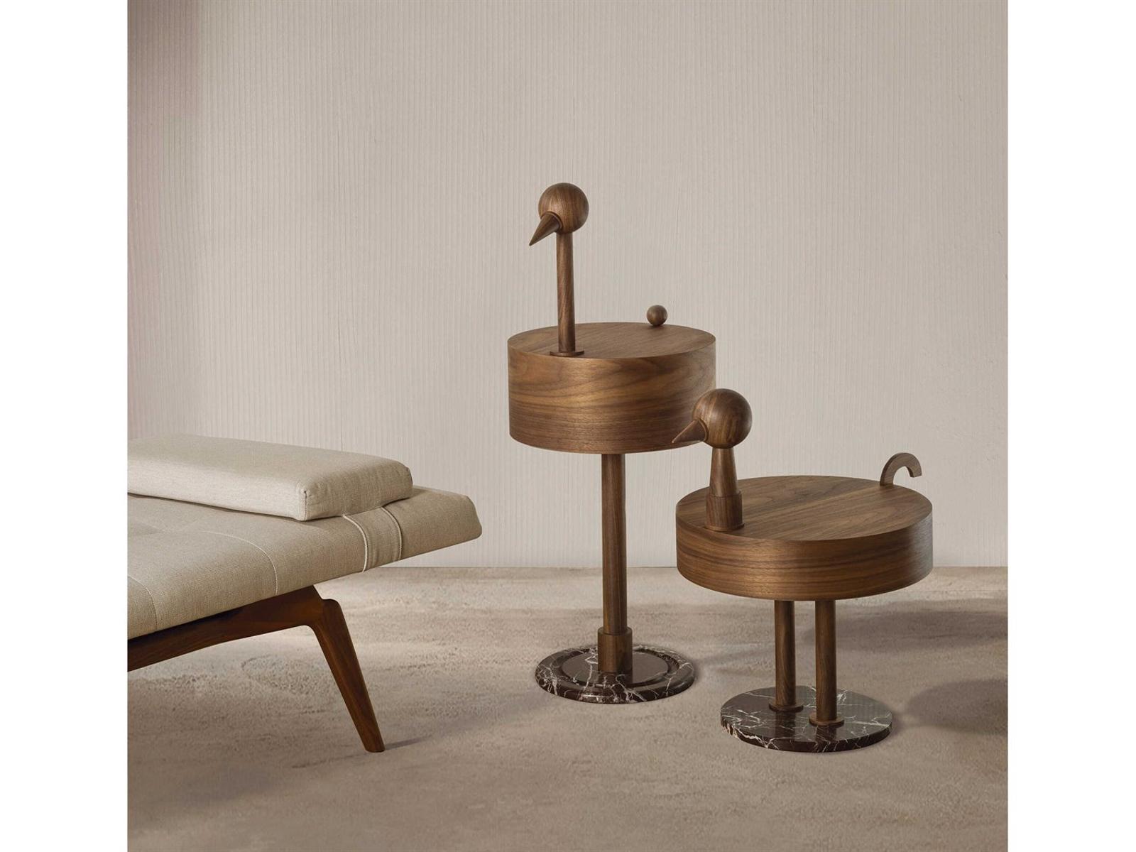 Rara Avis Round Walnut Veneered Wood End Table with Marble Base