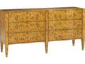 Serpentine 6-Drawer Double Dresser in Rustic Burl with Brass Hardware