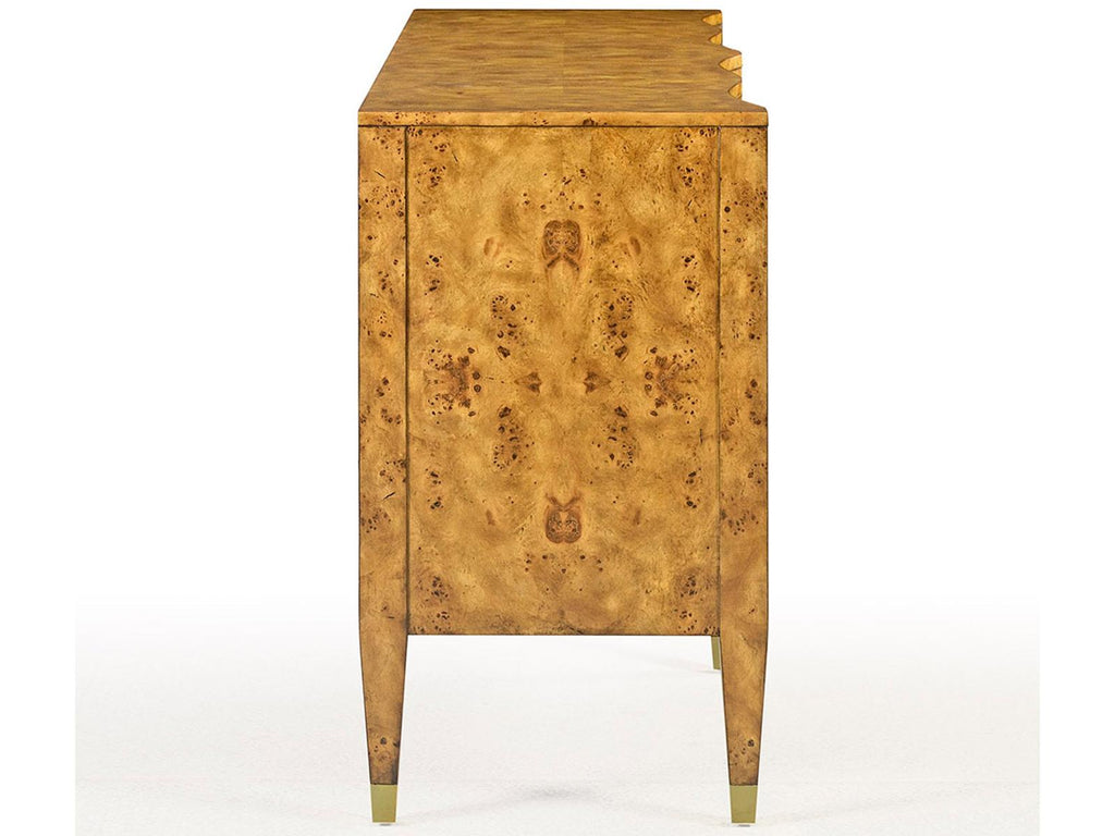 Serpentine 6-Drawer Double Dresser in Rustic Burl with Brass Hardware