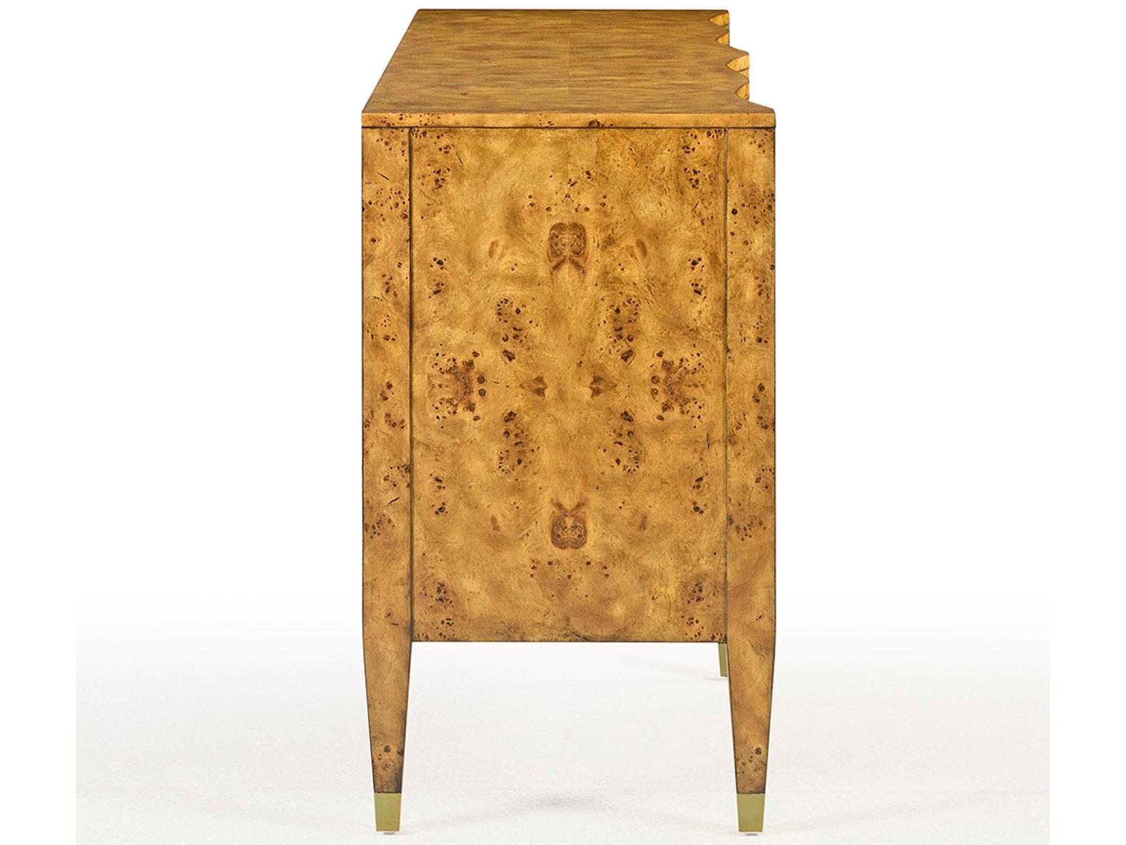 Serpentine 6-Drawer Double Dresser in Rustic Burl with Brass Hardware